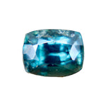 Face-up view of a 0.68 carat teal green cushion-cut sapphire