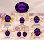 A product collage showing an oval purple gemstone in multiple jewelry settings, with dimensions printed above the main stone. The smaller panels below show the stone styled as a statement ring, pendant, three stone ring, halo pendant, earrings, and solitaire ring, each with text labels.