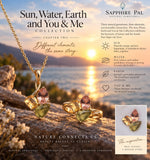 Sapphire Pal Natural Gemstones 'Sun, Water, Earth and You & Me Collection' jewelry set displayed against a scenic ocean sunset background. The set includes a gold chain necklace with a gold heart-shaped setting holding a pink sapphire and green gemstone, and two gold rings with matching green gemstones.