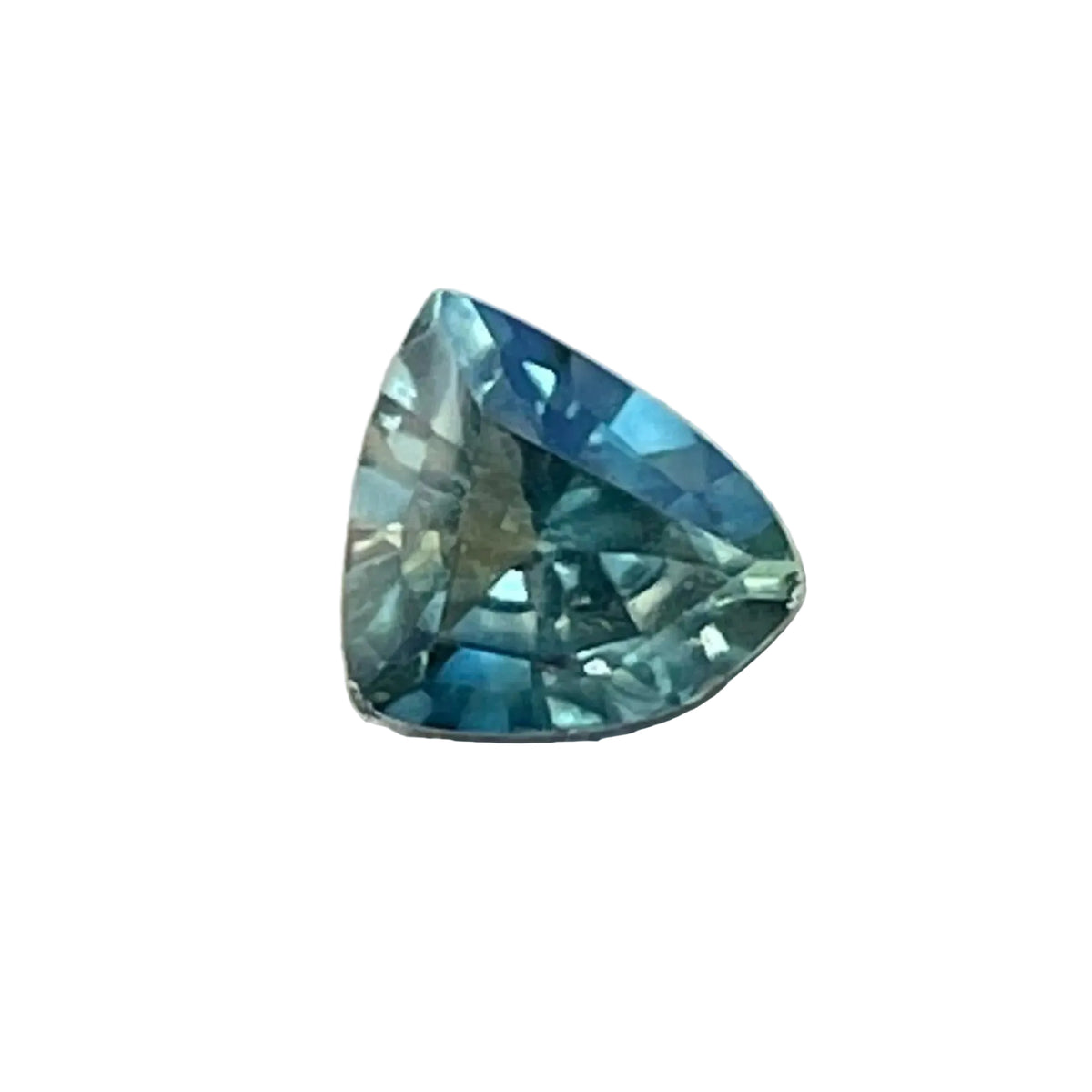 Face-up view of a 0.68 carat blue-green trillion-cut sapphire