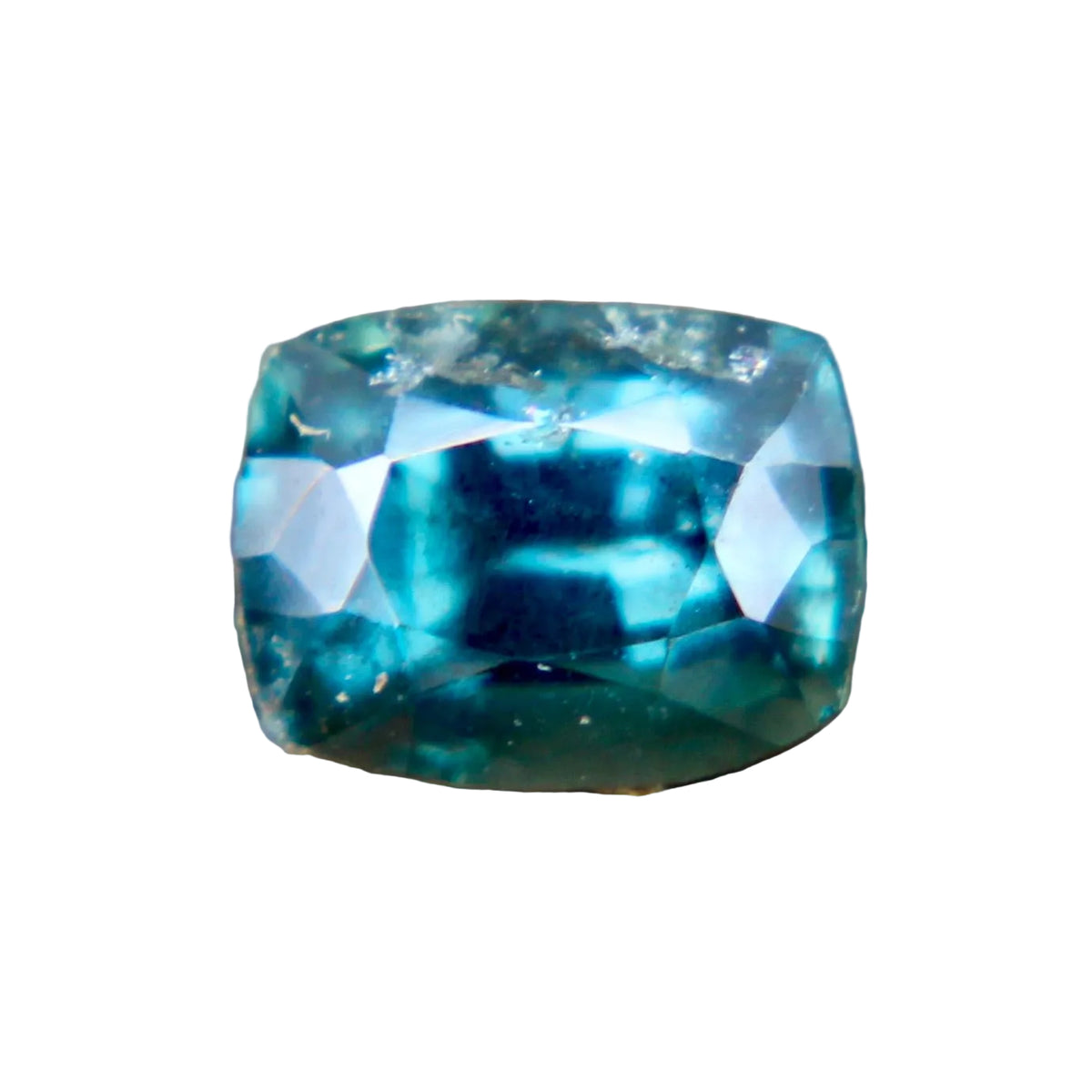 Face-up view of a 0.68 carat teal green cushion-cut sapphire