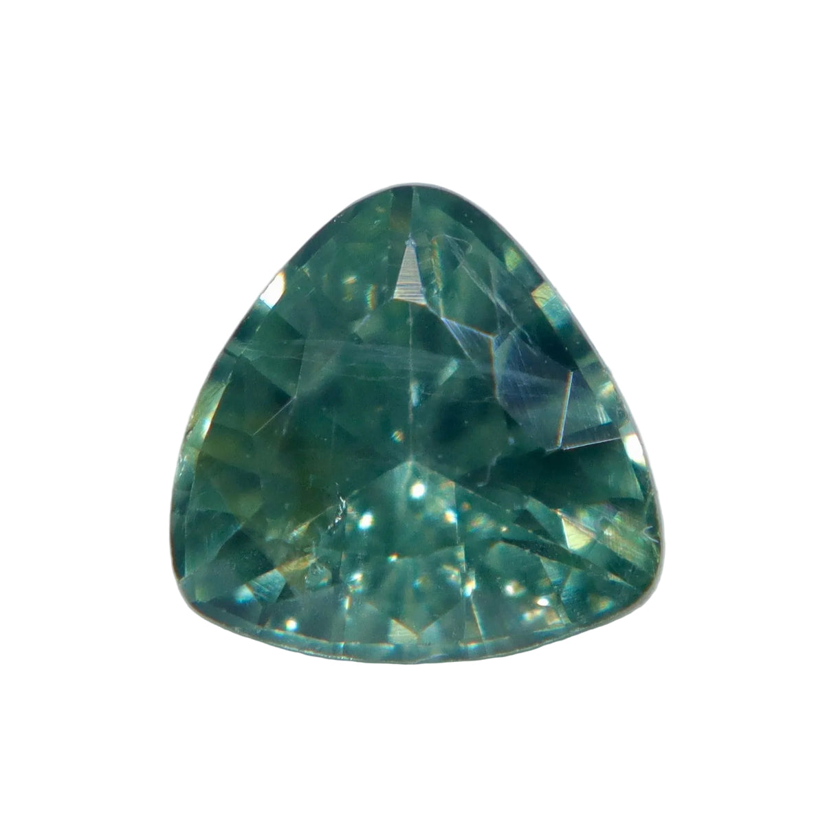 Face-up view of a 0.75 carat green trillion sapphire with teal tones and yellow-green reflections