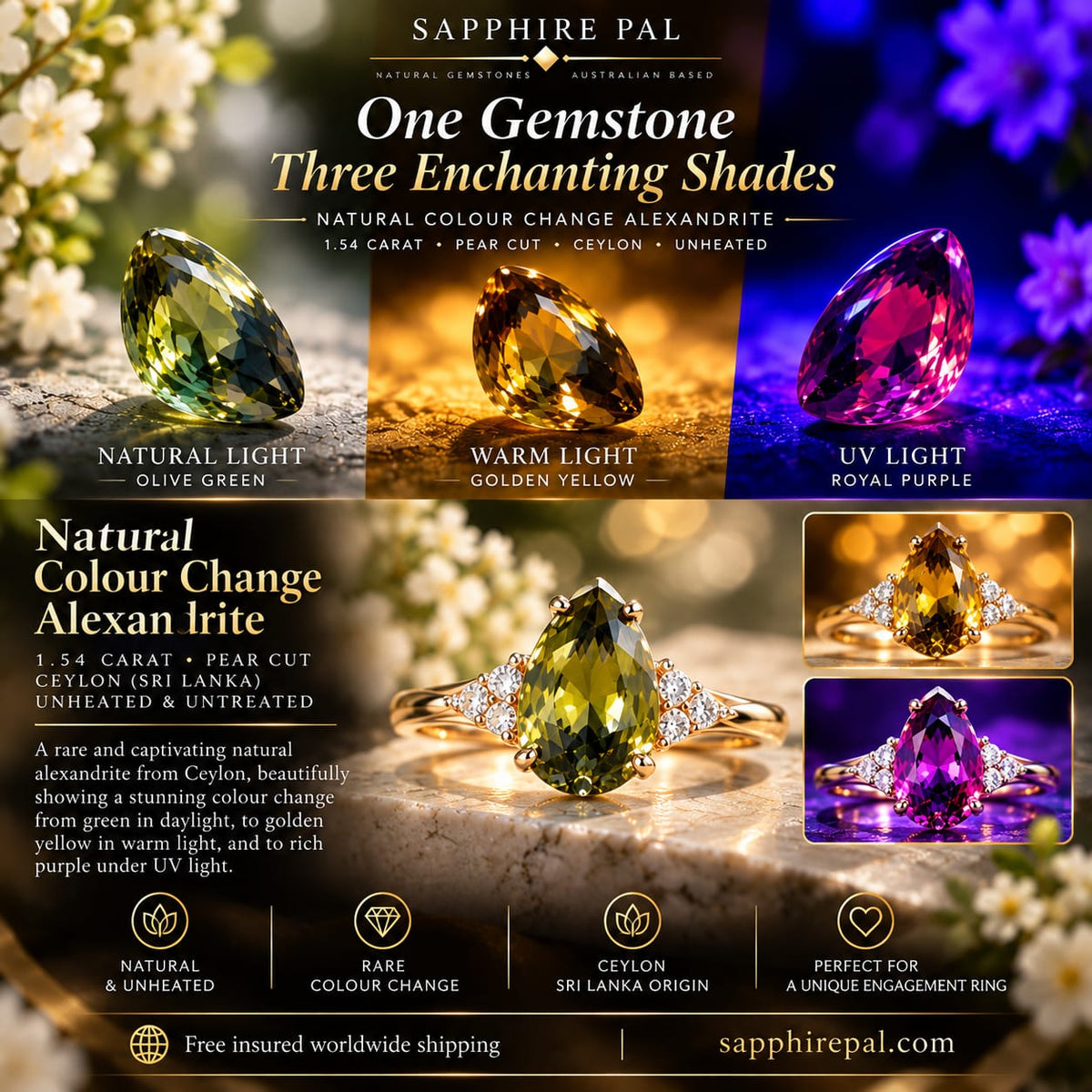 1.54 ct Natural Color Change Alexandrite – Pear Cut Ceylon - Sapphirepal