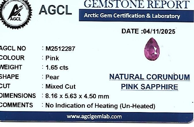 1.65 Carat Purplish Pink Sapphire – Pear Cut | Unheated Ceylon Natural Gemstone - Sapphirepal