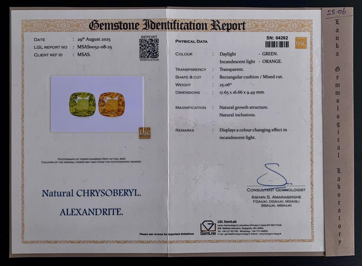 25.06 ct Natural Color - Change Alexandrite Cushion Cut (17.65 × 16.66 mm) | VVS - Sapphirepal