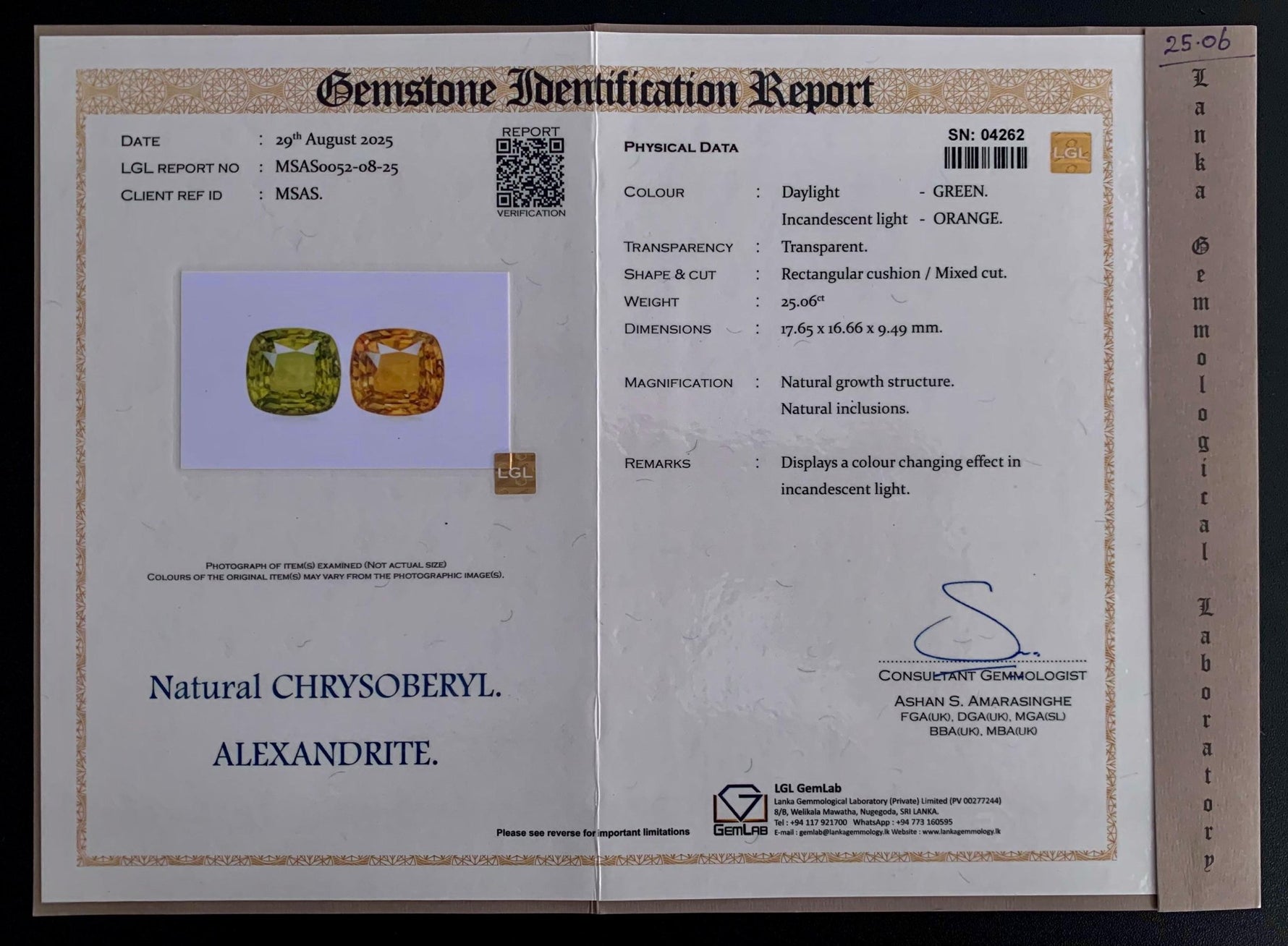 25.06 ct Natural Color - Change Alexandrite Cushion Cut (17.65 × 16.66 mm) | VVS - Sapphirepal