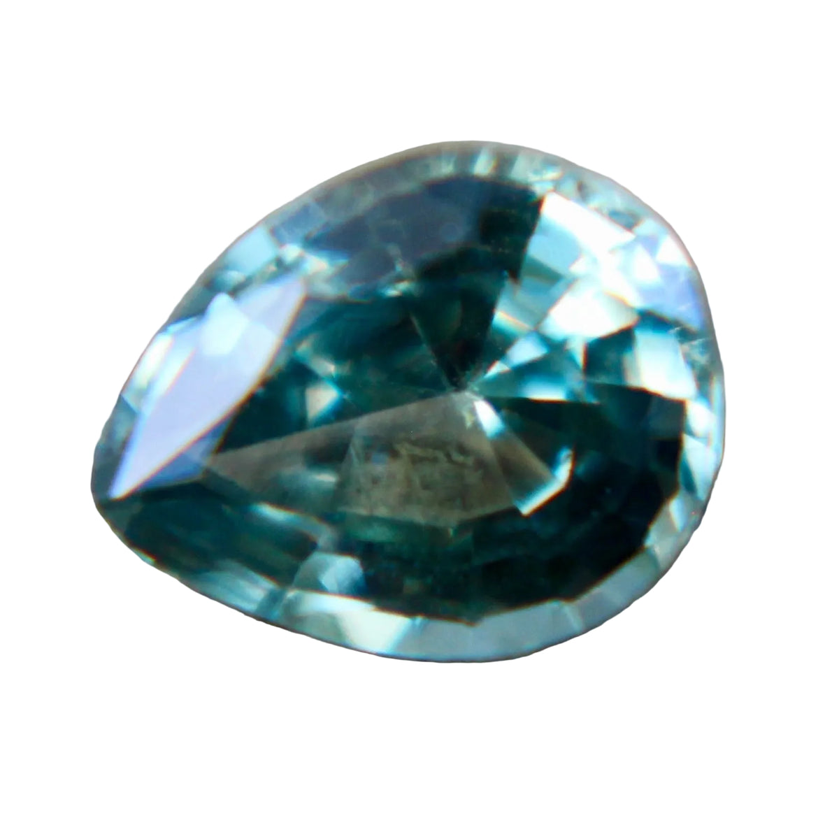 Face-up view of a 0.66 carat natural green pear-cut sapphire.