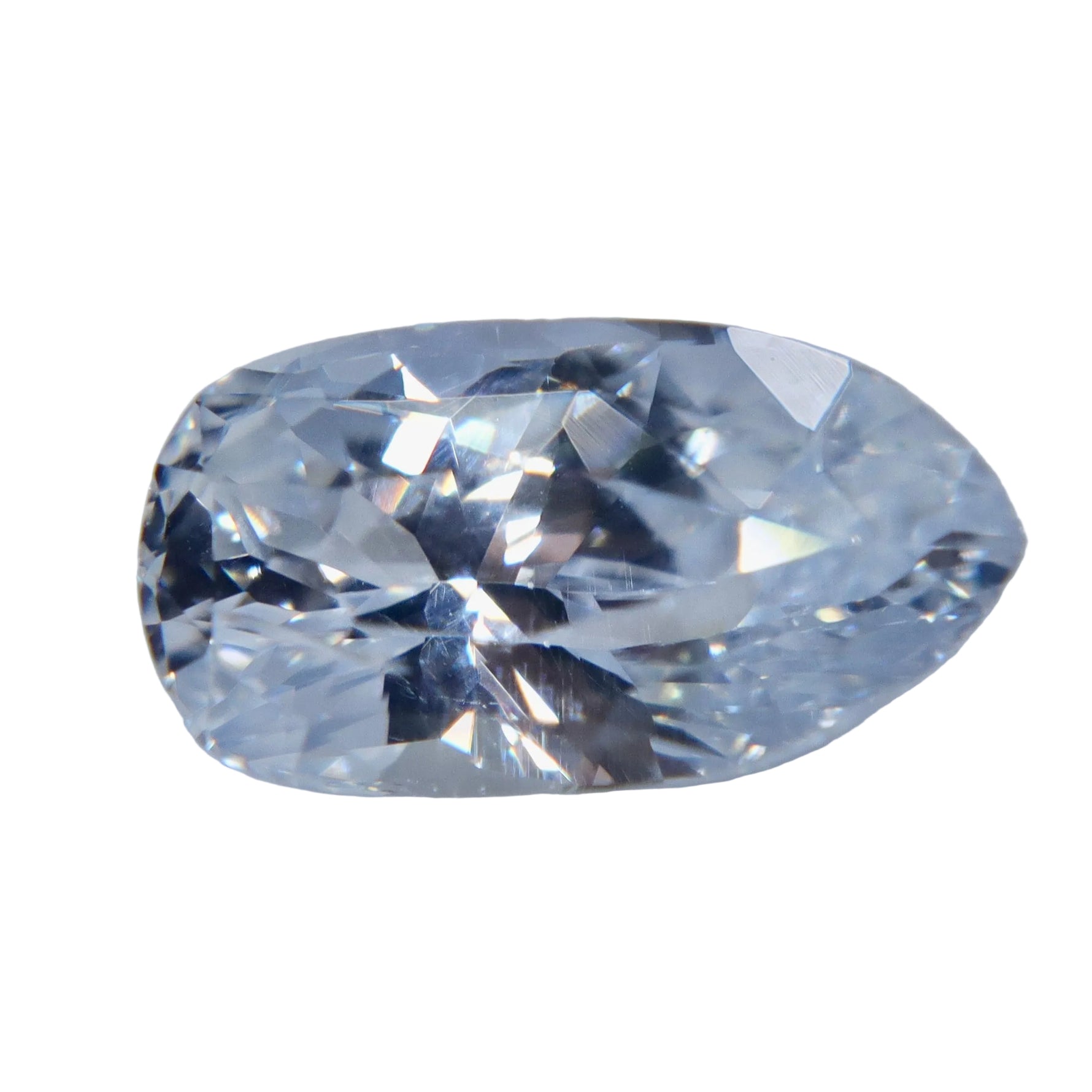 Alt: Face-up view of 2.70ct natural white Ceylon sapphire with elongated fancy cut