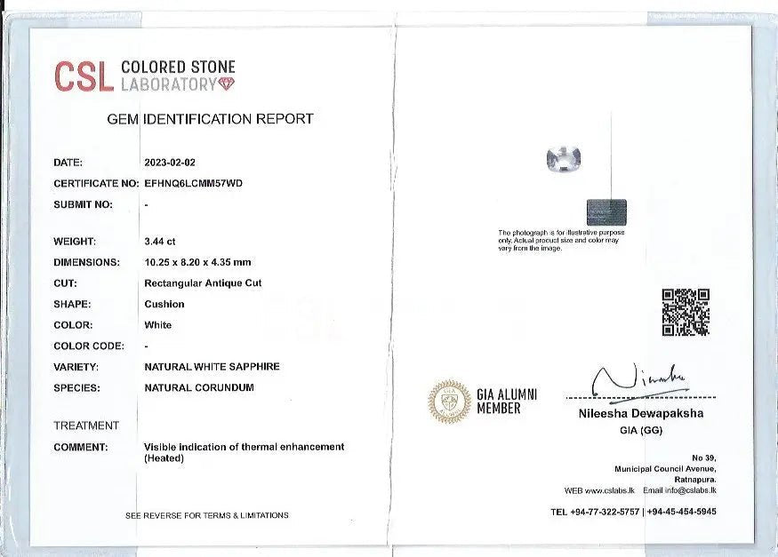 Gem identification report from CSL Colored Stone Laboratory with detailed information about a gemstone.