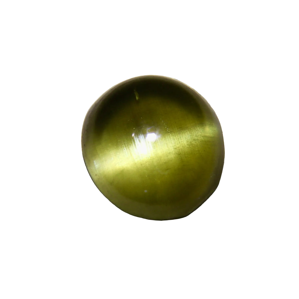 Olive-green oval cabochon with a bright diagonal cat’s-eye band