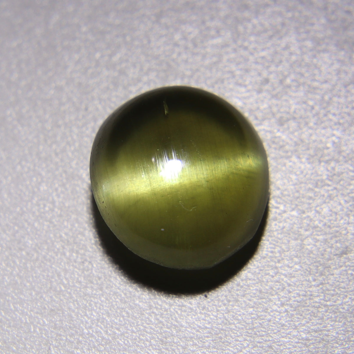 Oval cat’s-eye gemstone photographed under purple lighting