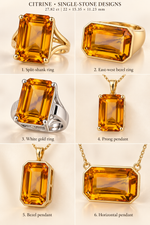 A collage showing six citrine single-stone jewelry designs labeled 1 through 6, including split-shank ring, east-west bezel ring, white gold ring, prong pendant, bezel pendant, and horizontal pendant, on a light beige background with text at the top reading 'CITRINE • SINGLE-STONE DESIGNS'.