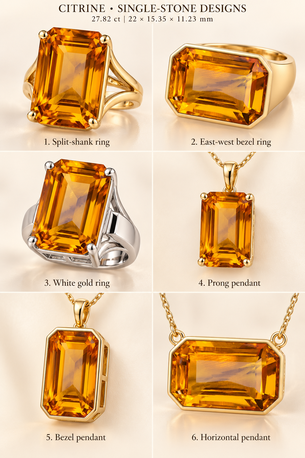 A collage showing six citrine single-stone jewelry designs labeled 1 through 6, including split-shank ring, east-west bezel ring, white gold ring, prong pendant, bezel pendant, and horizontal pendant, on a light beige background with text at the top reading 'CITRINE • SINGLE-STONE DESIGNS'.