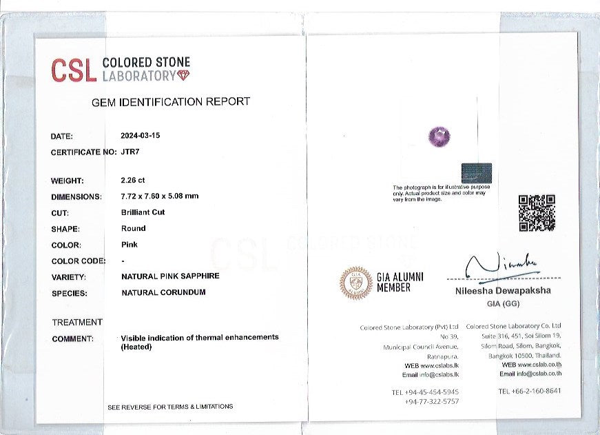 certificate for Natural Pink Sapphire – 2.26 Carat Round Cut | Ceylon Gemstone - Sapphire pal
