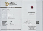 gemstone report with a natural rhodolite garnet on a white background