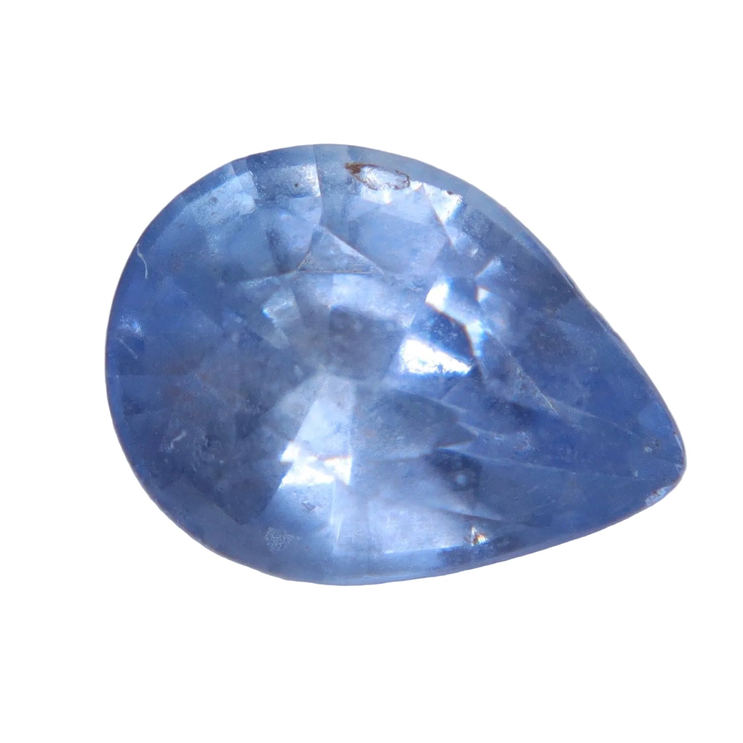 Face-up view of a 0.88ct natural blue Ceylon sapphire with a soft sky-blue pear cut