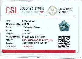Gemstone authenticity certificate for natural blue green sapphire 0.94 ct from Madagascar