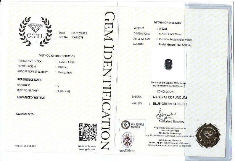 Natural Blue Green Sapphire – 3.02 Carat | Cushion Cut - Sapphirepal