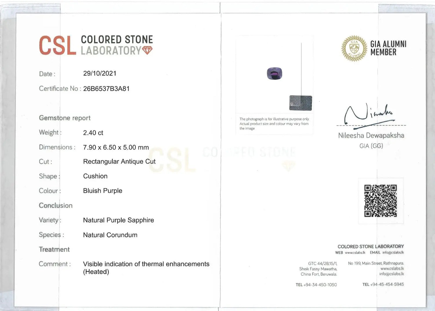 certificate image of Natural Blue Purple Sapphire 2.40 Carat | Cushion Cut | VVS Clarity Gemstone from Ceylon