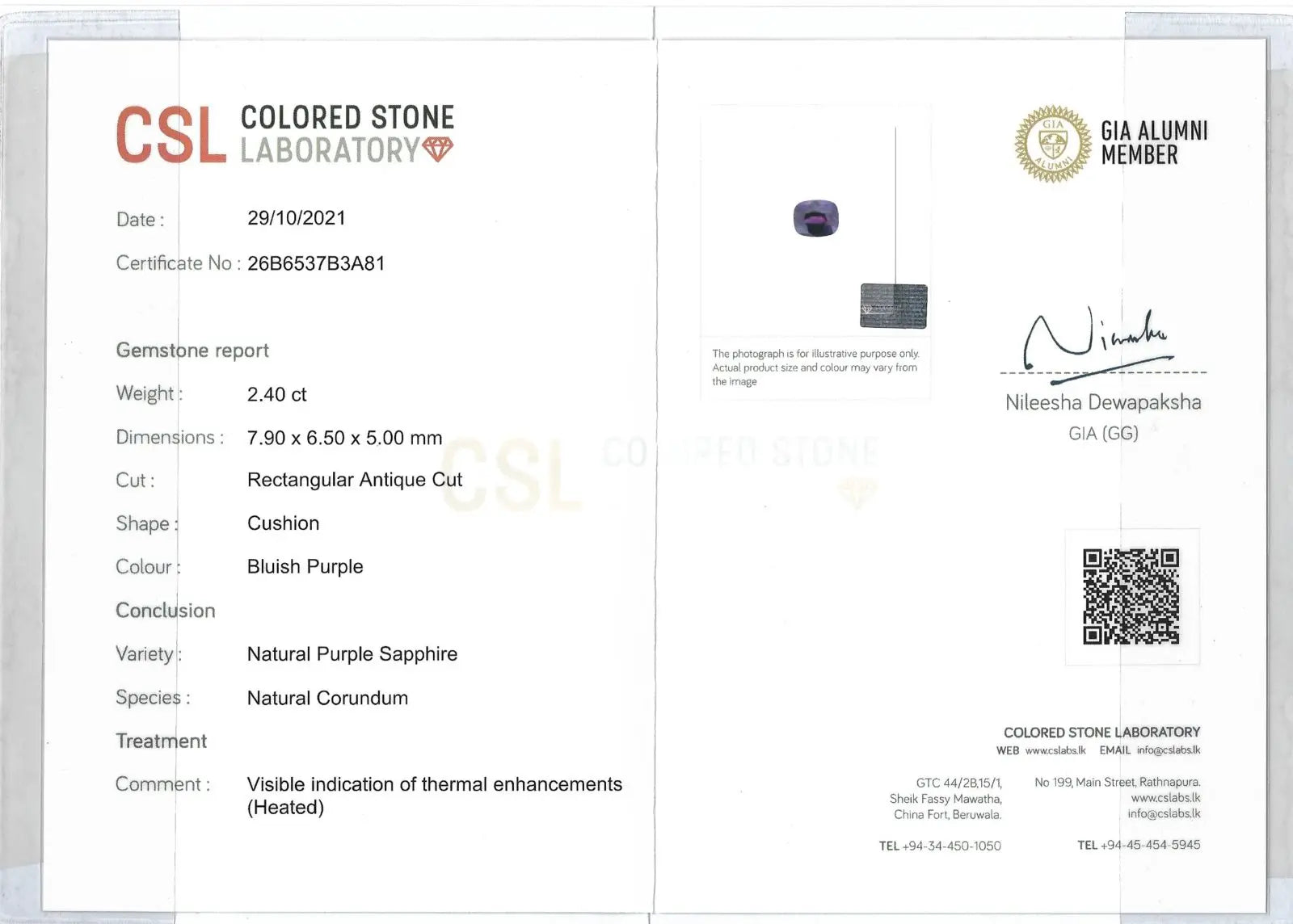 certificate image of Natural Blue Purple Sapphire 2.40 Carat | Cushion Cut | VVS Clarity Gemstone from Ceylon