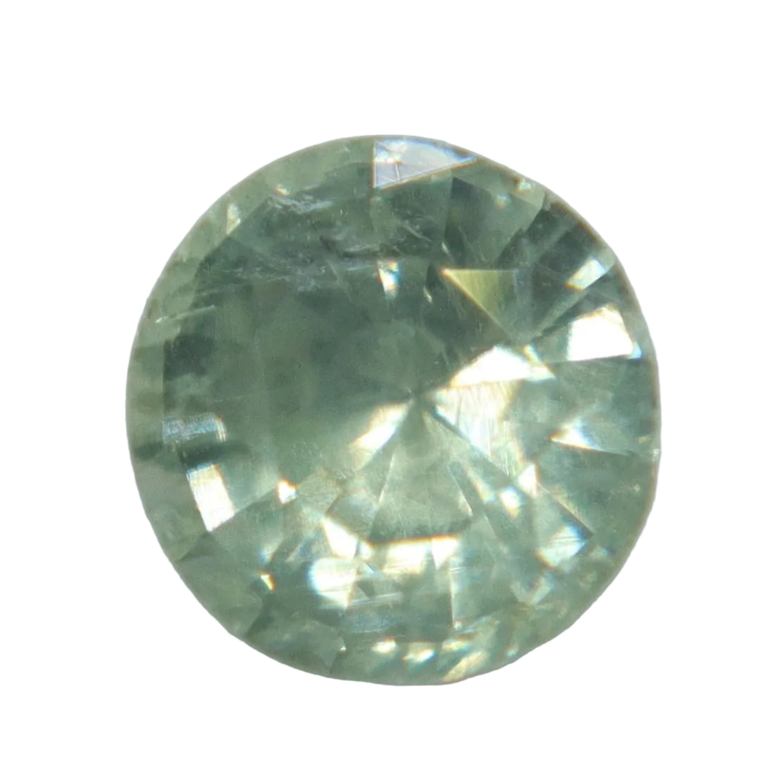 Face-up view of a 0.34ct natural Madagascar green sapphire with a light mint round cut