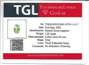 certificate of Ceylon green sapphire 6.90×5.36×4.08 mm – faceted oval gem VS clarity