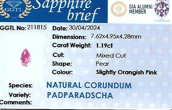 Natural Padparadscha Sapphire – 1.19 Carat Pear Cut | Unheated Ceylon Gemstone - Sapphirepal