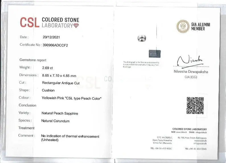 Natural Pale Pink Orange Sapphire – 2.69 Carat Cushion Cut | Untreated Gemstone - Sapphirepal