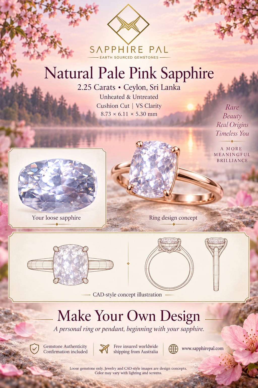Natural Pale Pink Sapphire 2.25 Ct – Unheated Ceylon Cushion Cut - Sapphirepal
