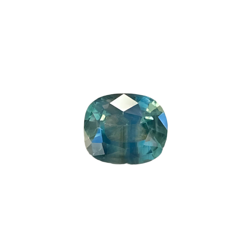 1.03ct cushion cut natural parti sapphire – vivid green and blue dual-tone, unheated, earth-mined in Madagascar, offered by Sapphire Pal Australia.

