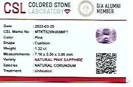 Certified Cushion cut pink sapphire 7.10x5.50mm SI clarity from Ratnapura Sri Lanka