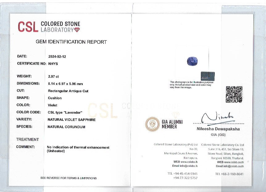 Natural Violet Sapphire – 2.97 Carat Cushion Cut | Unheated | Ceylon Origin - Sapphirepal