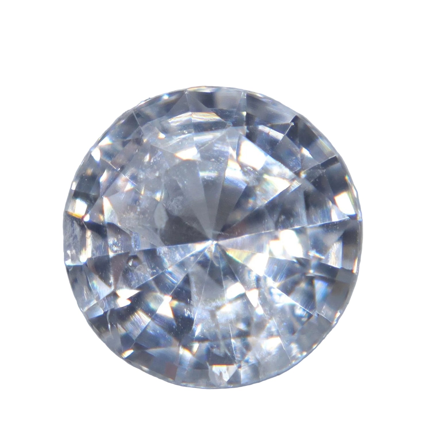 Front view of 1.38ct natural white Ceylon sapphire in a round faceted cut