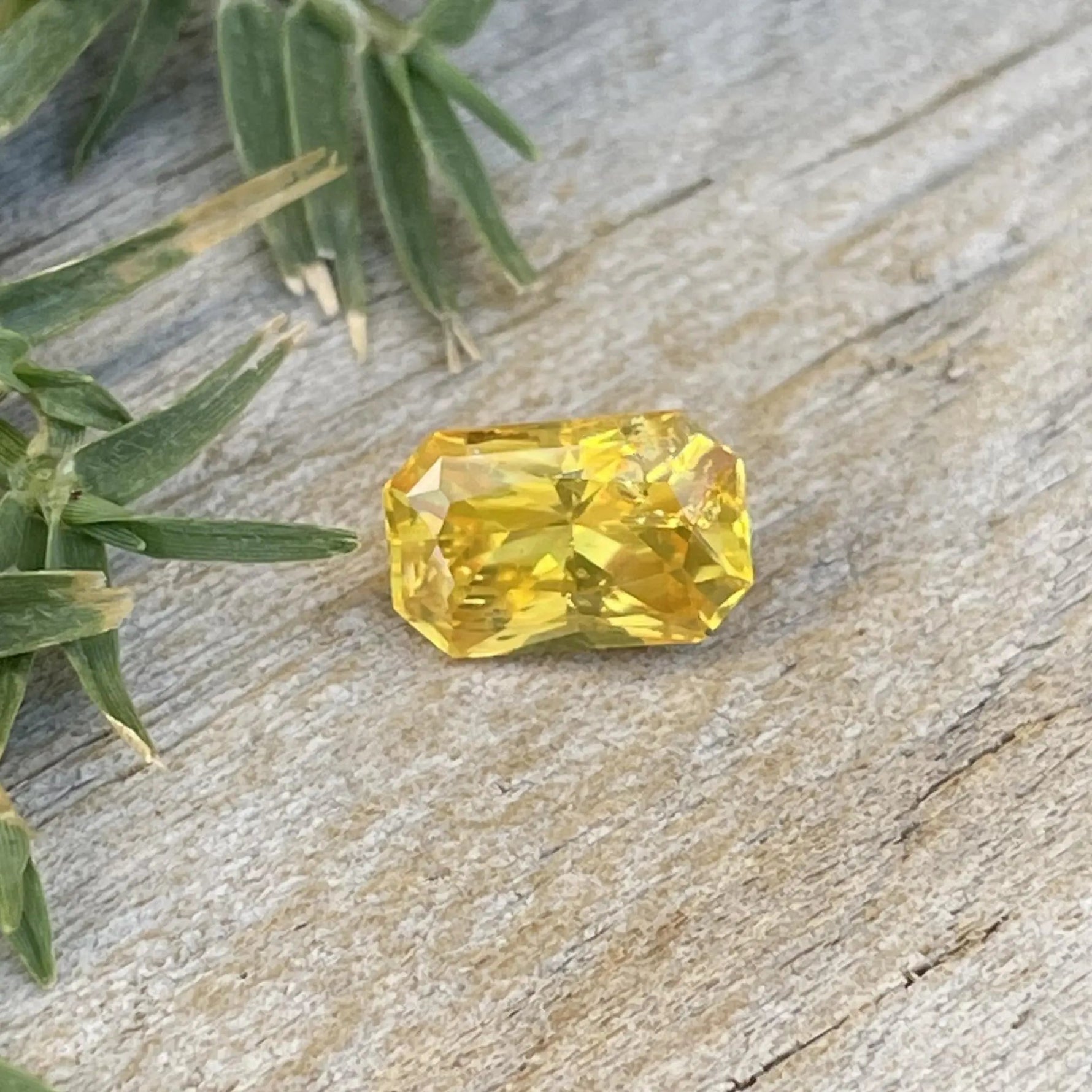 Faceted yellow sapphire gemstone cut and polished in emerald shape