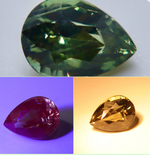 Three faceted teardrop-shaped gemstones shown in a three-panel collage: a green stone at the top, a deep purple-red stone on a purple background on the lower left, and a yellow-gold stone on a warm beige background on the lower right.
