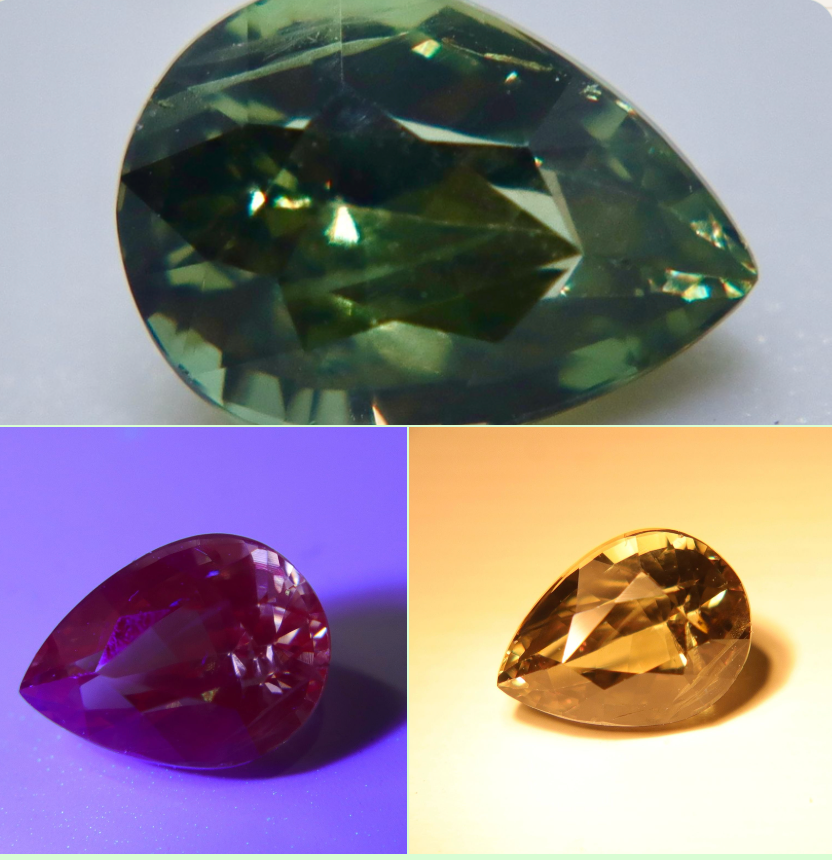 Three faceted teardrop-shaped gemstones shown in a three-panel collage: a green stone at the top, a deep purple-red stone on a purple background on the lower left, and a yellow-gold stone on a warm beige background on the lower right.