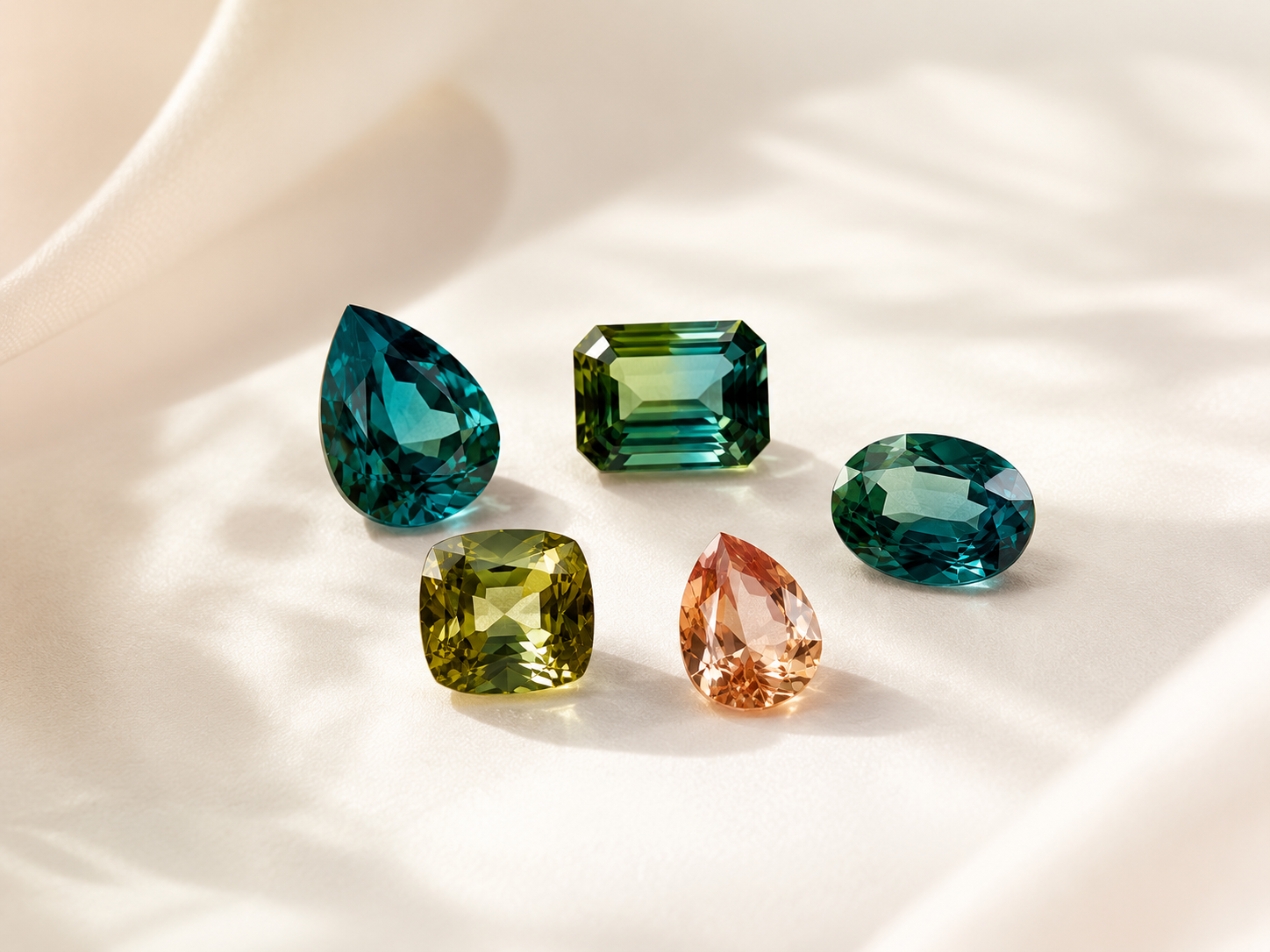 Premium natural gemstones popup banner featuring teal, green, olive and peach faceted gemstones for Sapphire Pal